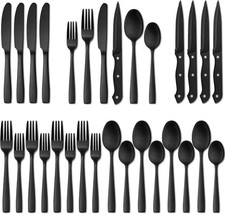 24-Piece Matte Black Silverware Set, Stainless Steel Flatware Cutlery, Kitchen