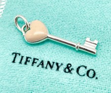 Tiffany  Co. Pink Enamel Heart Key Pendant Charm Sterling Silver 1"