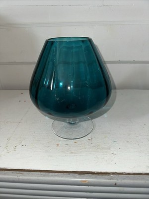 EMPOLI ART GLASS OPTIC TEAL  PEACOCK BLUE MCM BRANDY SNIFTER/APPLIED CLEAR BASE