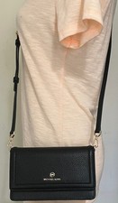 Michael Kors Jet Set Charm Black Brown Pebbled Leather Phone Crossbody Bag