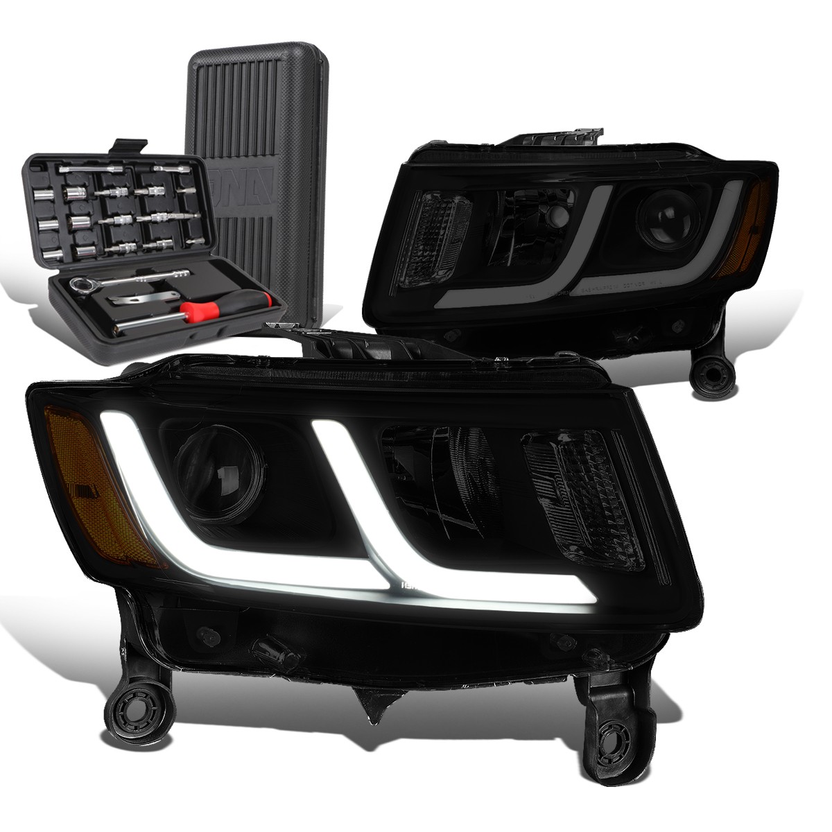 2014-2016 Grand Cherokee LED Amber Tinted Projector Headlights with Free Tool Box  