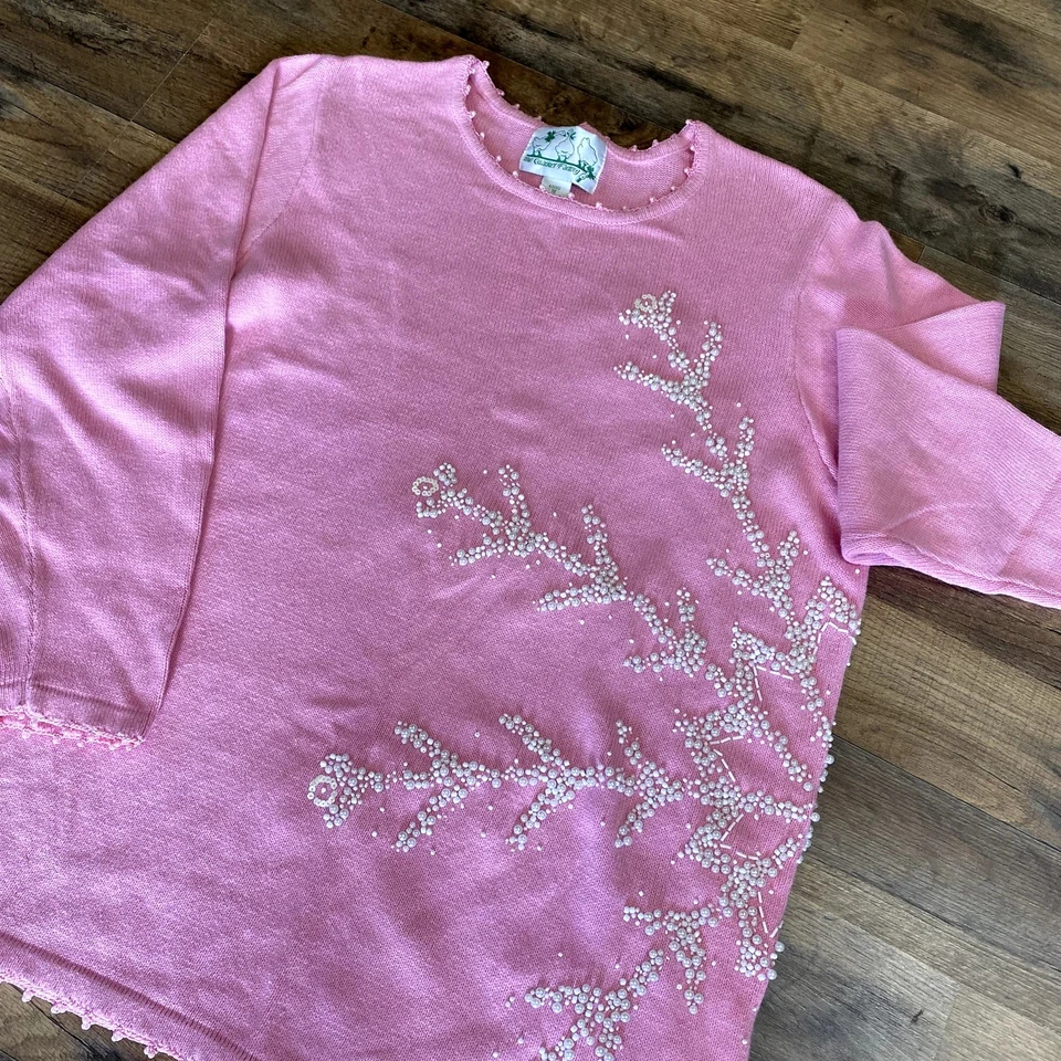 Vintage 90's Quacker Factory Women's Pink Snowflake Beaded Knit Sweater 1X - Image 2 of 4