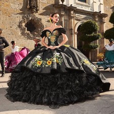Black Quinceanera Dresses Ball Gown Off The Shoulder Appliques Beaded Puffy