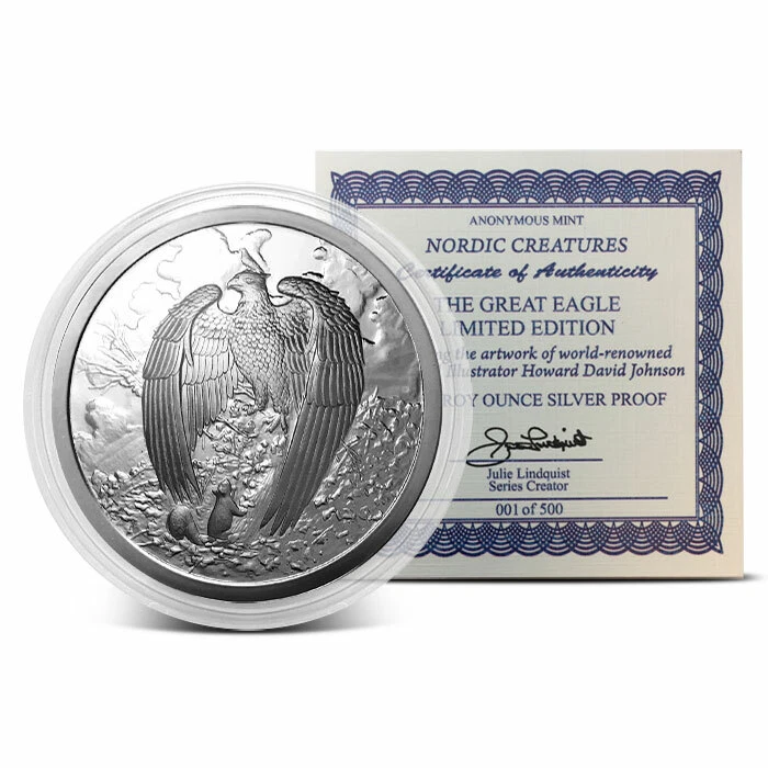 NORDIC CREATURE SERIES " THE GREAT EAGLE " 5 OZ SILVER  PROOF " LOW COA" - Image 2 of 3