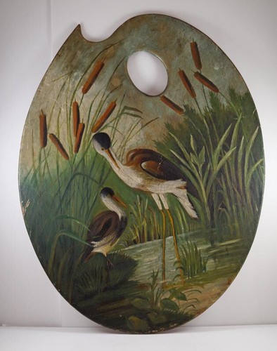 HUGE ANTIQUE ARTIST PAINTED PALETTE BOARD SHOREBIRDS CRANES FOLK ART 1900-20's