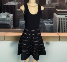 Michael Kors Dress Pointelle Design Knit Sleeveless Fit Flare Black Beige Sz XS