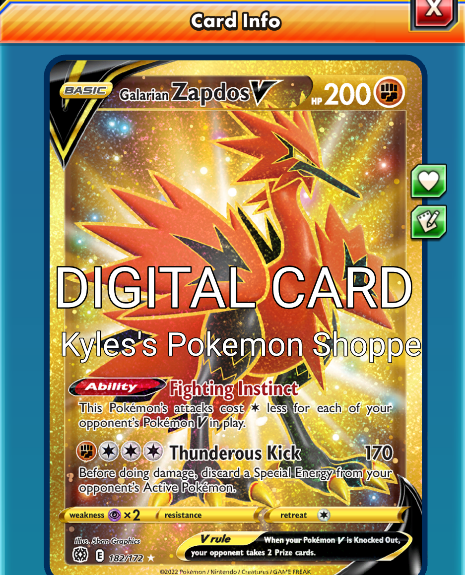 Galarian Zapdos V SR SECRET RARE Pokemon TCG Online PTCGO 182/264 SENTFAST  | eBay