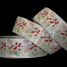 Christmas Pinecones Pine Berries White Wired Ribbon 2 1/2"W x 10 Yards