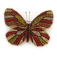 Olive/ Orange/ Red/ Black Austrian Crystal Butterfly Brooch In Gold Tone - 50mm Olive/ Orange/ Red/ Black Austrian Crystal Butterfly Brooch In Gold Tone - 50mm