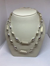 Solid sterling silver oval pea pod rectangle link necklace  30" long 925 5mm