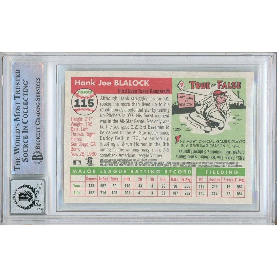 汉克·布拉洛克签名 2004 年 Topps Heritage #115 德克萨斯游骑兵队 BAS Slabbed 签名 10 — 第 3/4 张图片
