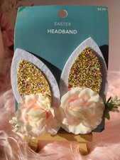 Easter Bunny Ears with Glitter  Flowers Elastic Headband