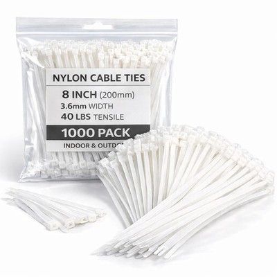 White Zip Ties 8 Inch 1000 Pack, 40 lbs Nylon Cable Ties, Self Locking UV Res...