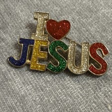 VTG "I Love Jesus" Pin Brooch Enamel Sparkle Multicolor Religious