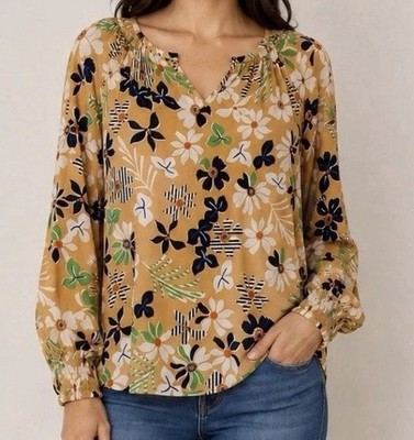 Cabi Yellow Floral V Neck Smocked Cuff Long Sleeve Womens Peasant Blouse Size S