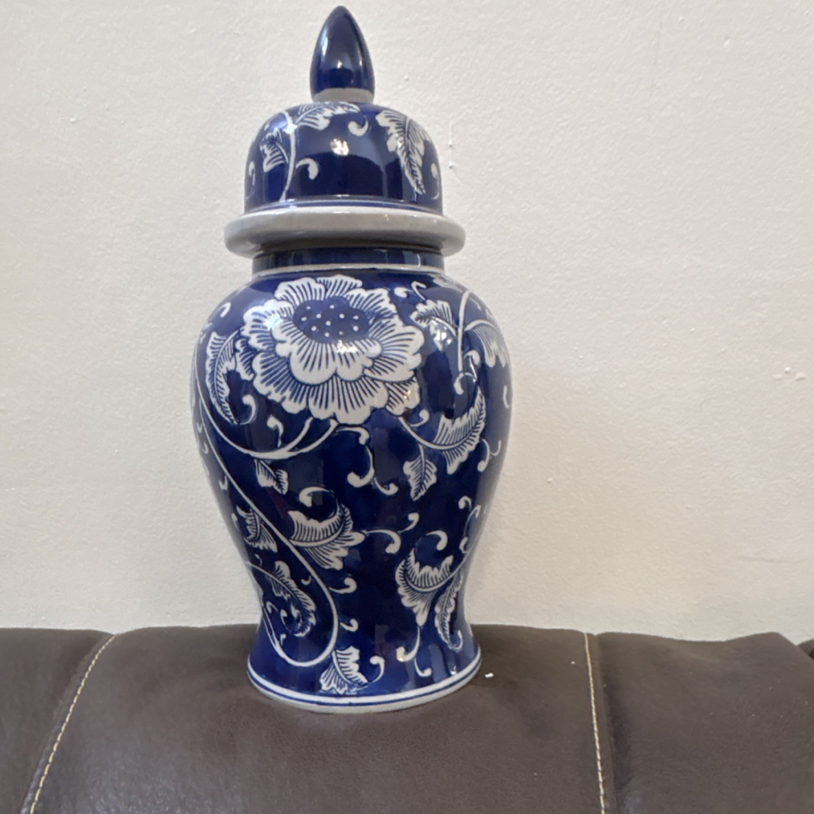 Blue and White Floral Ceramic Ginger Jar Vase with Glossy Finish, Classic Style