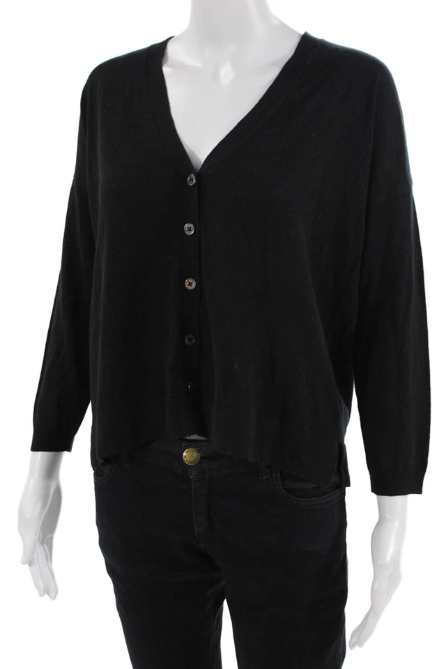 Lilla P Womens Button Front Long Sleeve Oversized Cardigan Sweater Black Small - Image 2 of 4