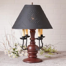COLONIAL TABLE LAMP & PUNCHED TIN SHADE Distressed Red with 3 Light Options USA