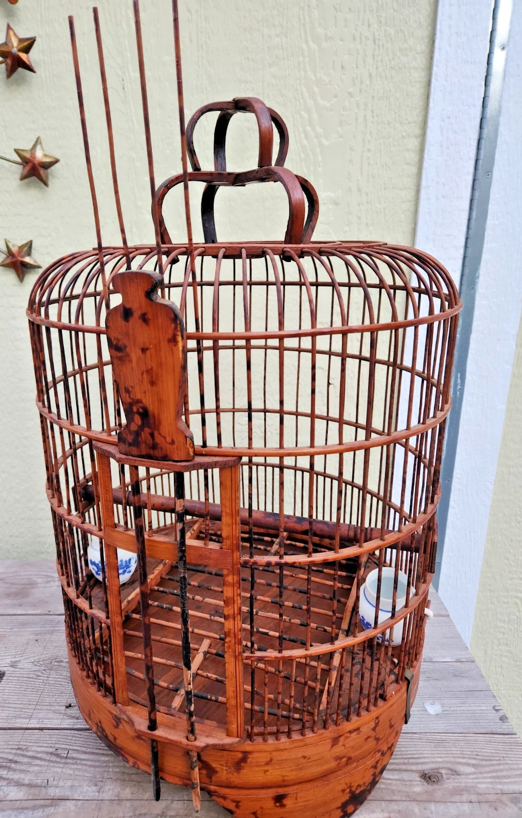 Asian Carved Bamboo & Teak Wooden Birdcage -W/ 2 Feeders- Vintage