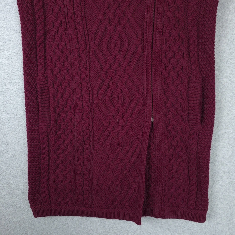 Suéter Aran Crafts para mujer M lana tejido con cable largo cremallera envolvente cárdigan borgoña Foto 3 de 4