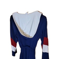 Vtg Hooded Fleece Robe w/Belt Lightweight Velour Mens Medium Red White Blue 70's