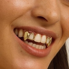 14k Gold Plated Double Cap Top Right Left Side Vampire Fangs Best Grillz Set