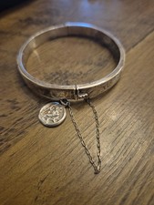 Vintage Hallmarked Siver Bangle With Safety Chain And St Christopher Charm VGC
