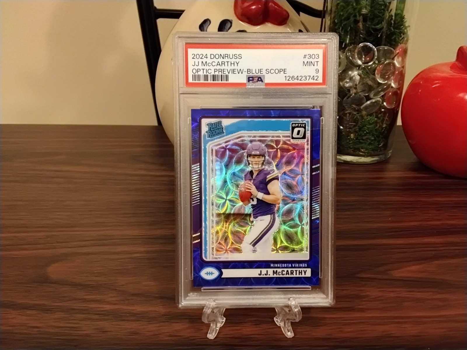 JJ McCarthy 2024 Donruss Optic Preview Blue Scope #303 (RC) PSA 9