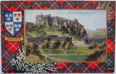 Vintage Postkarte von Edinburgh Castle und National Gallery, mit Fraser Tartan, 1