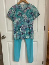 Peaches Butterfly Scrub Top Turquoise Pants Set XS 2 Piece Nurse Uniform