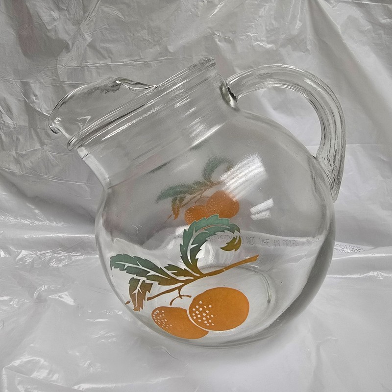 Vintage Mid-Century Glass Pitcher with Orange Fruit Motif