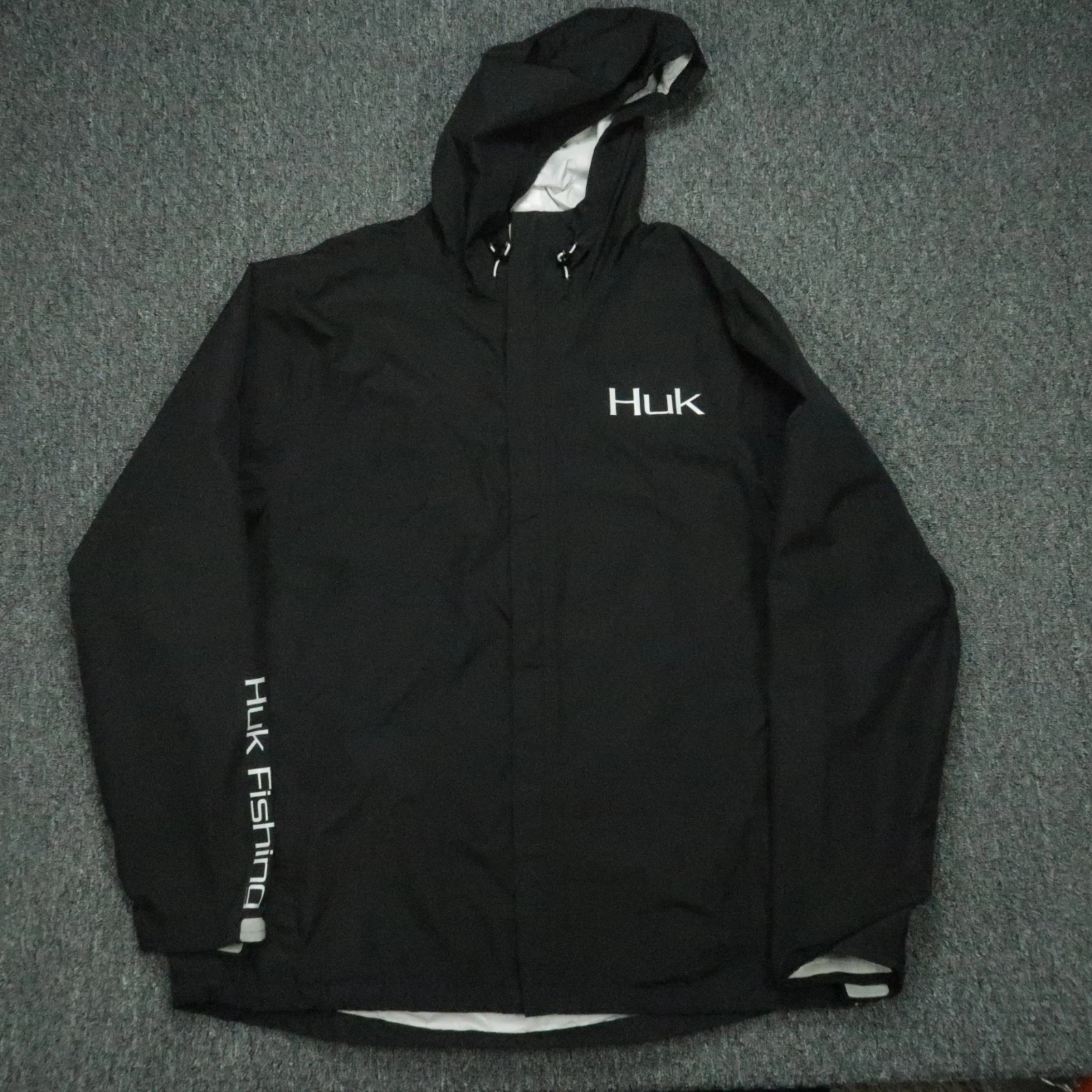 Huk Jacket Mens XXL Black Full Zip Pockets Hooded Fishing Waterproof Rain