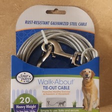 Four Paws Walk-About Tie-Out Cable 20ft Heavy Weight Steel for Dogs Under 100lbs