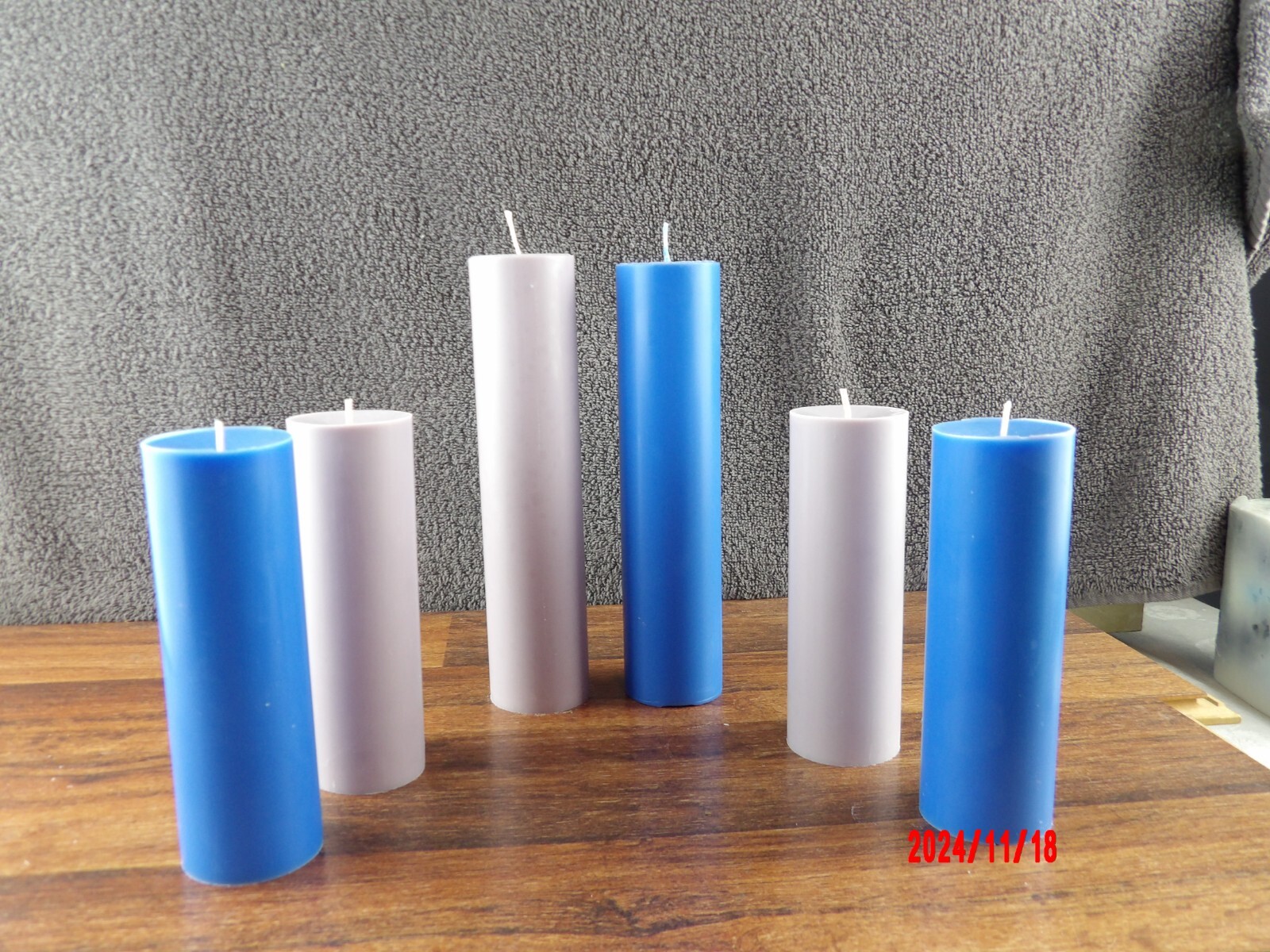 Set of 6 straight tall round cylinder pillar candles.