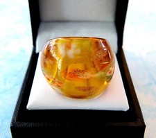Bohemian Golden Yellow Floral theme Hand Blown Glass Bling Ring size 8.25