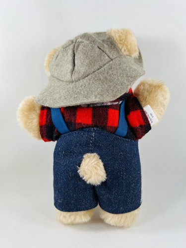 Vtg 1986 Graphics International, Inc. Teddy Bear 7" Tall Overalls, Flannel w/Hat - Picture 3 of 11