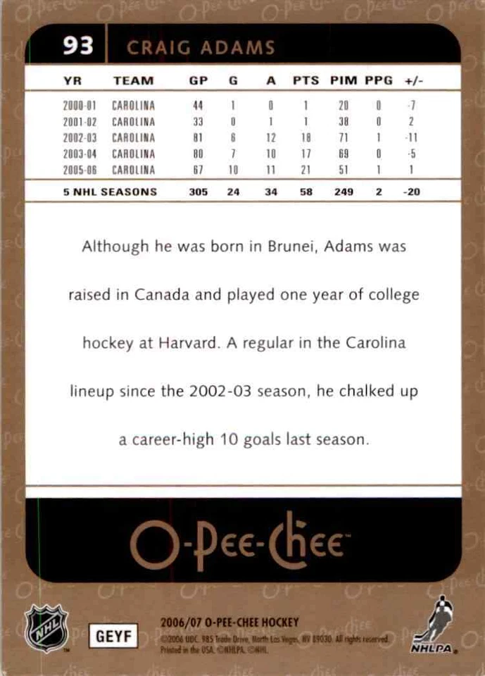 2006-07 O-Pee-Chee Craig Adams #93 - Image 2 of 2