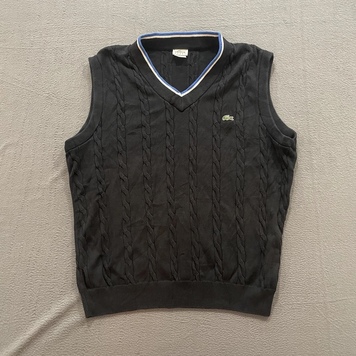 Lacoste Sport Sweater Vest Mens Size 6 L/XL Cable Knit Black V Neck Cotton EUC |