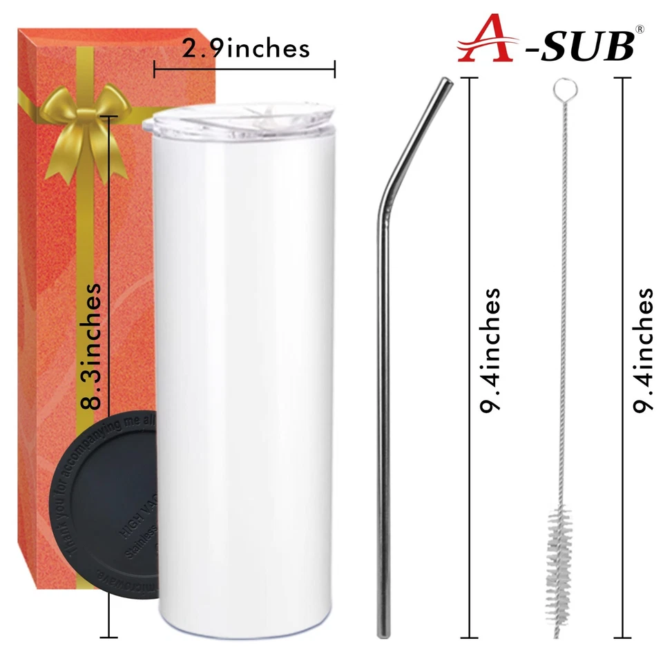 Vaso de sublimación 50 PK A-SUB 20 OZ a granel blanco delgado + tapa pajita cepillo Coster Foto 2 de 4