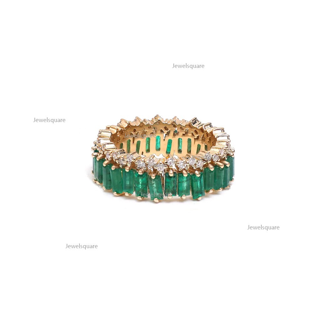 Baguette Natural Emerald & Real Diamond Full Eternity Band Ring Solid 14k Gold