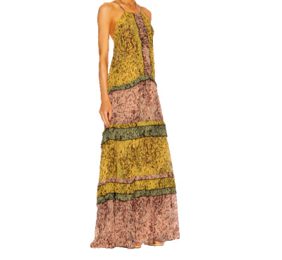 Alexis Licett Halter Neck Ruffle Maxi Strap Open Back Dress  Color Amazonia Sz S