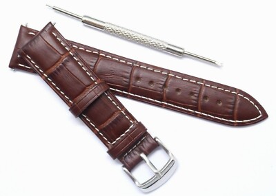 20mm Brown/White Crocodile Grain Leather Watch Band W/ Spring Bar Remover Tool