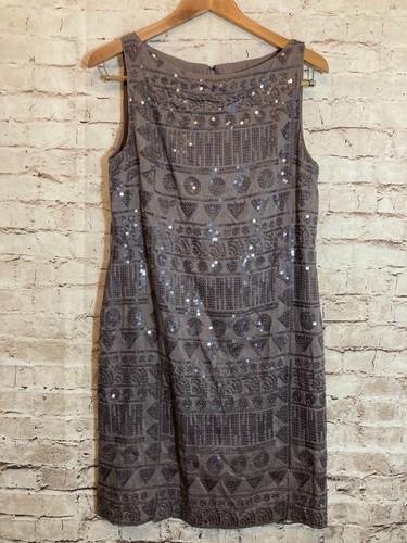 Suzi Chin Maggy Boutique Dress Womens 6 All Over Sequins Silk Blend Sheath Gray