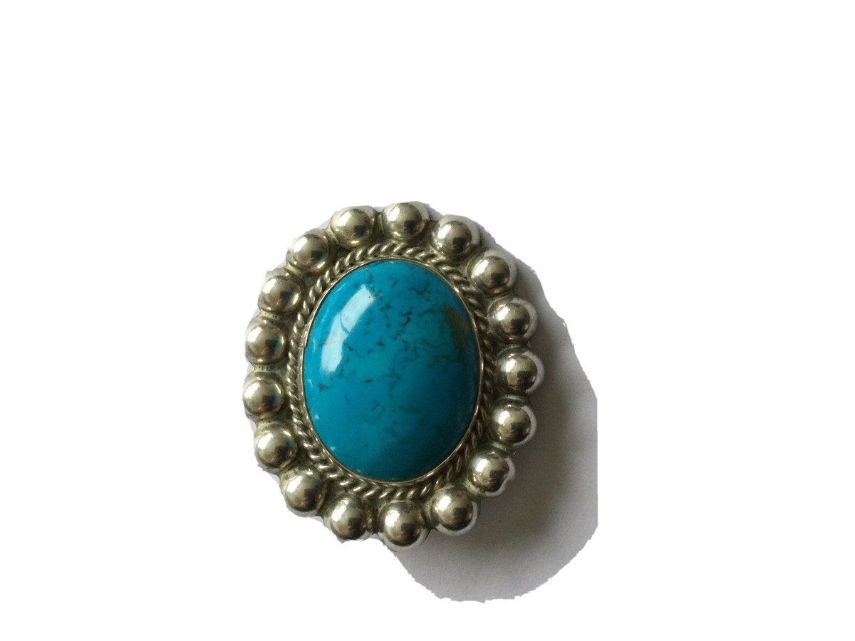 Broche Ancienne En Argent Massif Avec Mosaïque Lapis Lazuli Et Turquoise - Bijou Vintage Artisanal - Occasion
