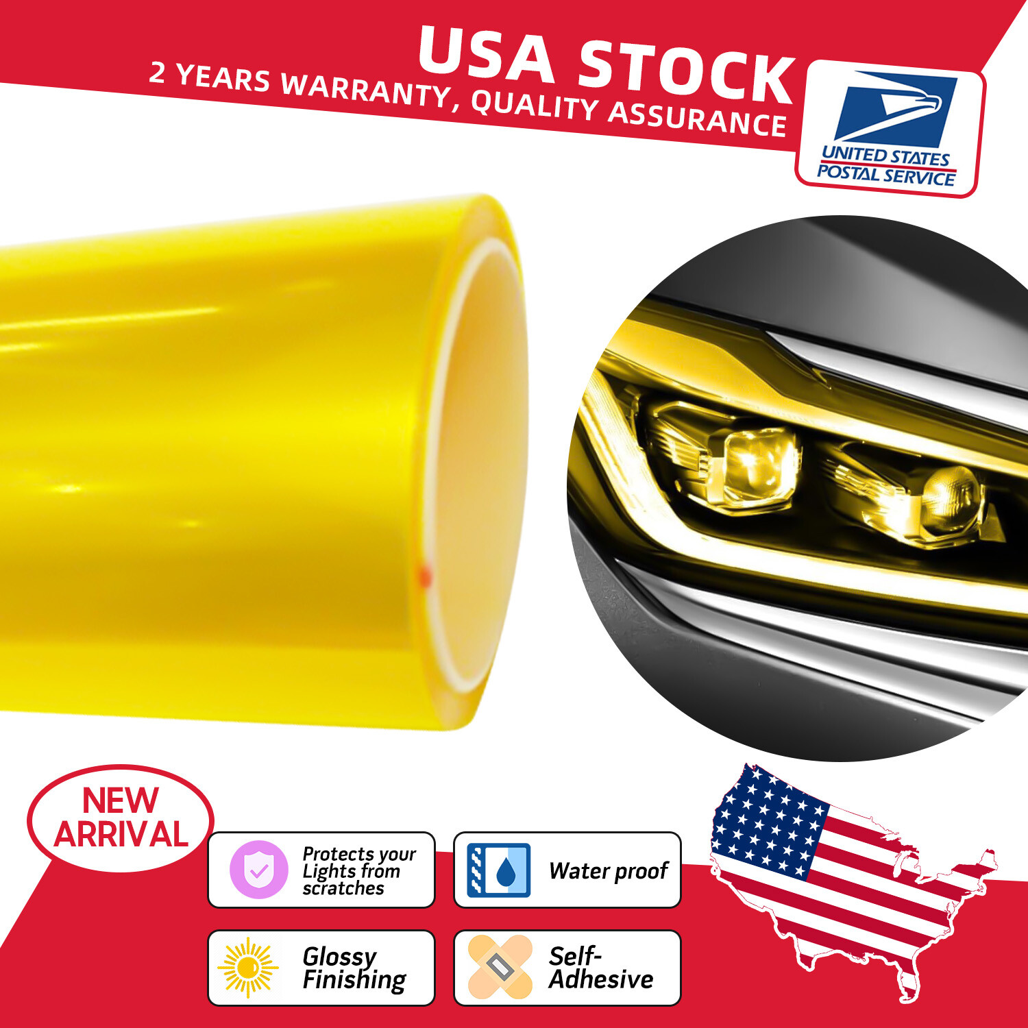 Golden yellow self-adhesive vinyl film for headlights, tail lights, and fog lights  