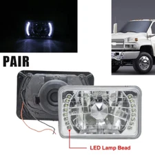 Pair 4X6"Inch Headlights Lamps Square Chrome White LED Halo Sealed Beam Glass