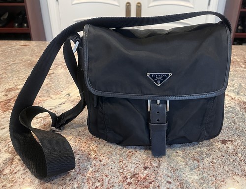 Authentic Prada Black Vera Nylon Messenger Crossbody Bag Purse Flap Pockets