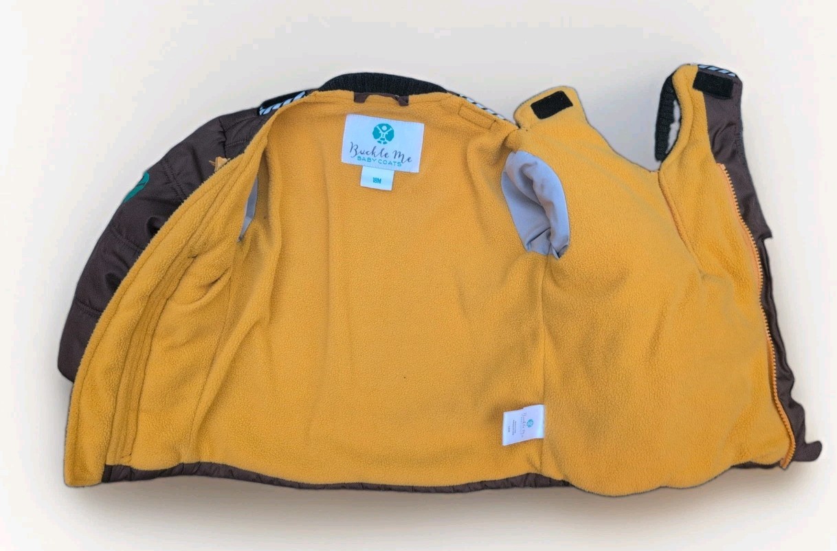 Cappotto giacca sicuro seggiolino auto foderato in pile marrone/giallo Buckle Me bambino 18 m foto 3