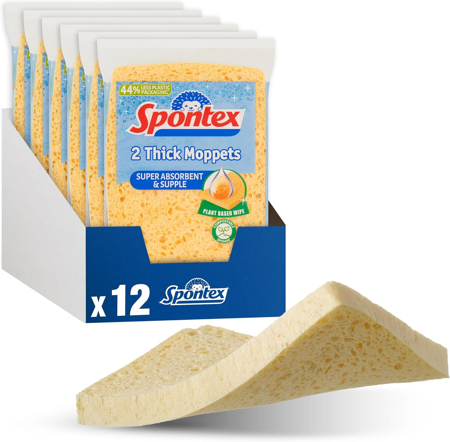 Spontex 12 Thick Sponge Moppets Value Pack 16 X 12Cm Super Absorbent & Supple Pl