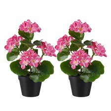 2 PCS 13 Inch Pink Artificial Geranium Flowers Pot Fake Plants Spring Summer